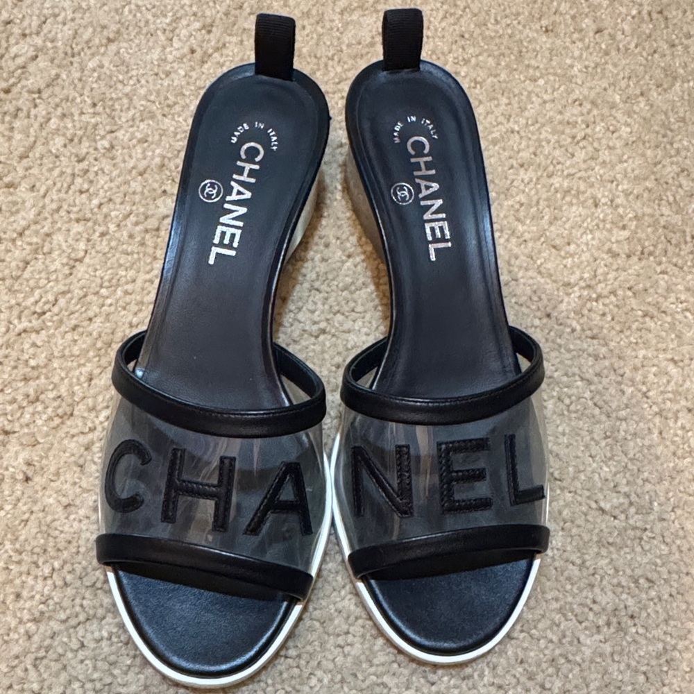 CHANEL Black and PVC Sandals with Transparent Strap